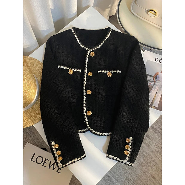 MEXZT Vintage Tweed Jacket Women Elegant Cropped Quilted Coat Commute Black Blazer Winter Ladies Korean Short Outerwear Tops New