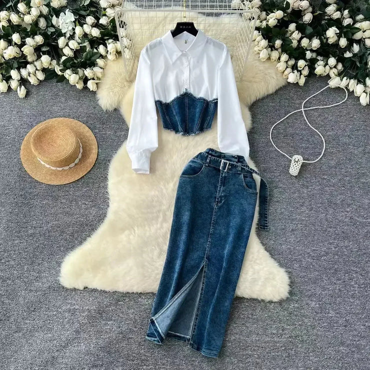 Women 2025 New Sets Turn-down Collar Long Sleeve Denim Patchwork Shirts + High Waist Bodycon Split Skirt Fashion Casual Suit