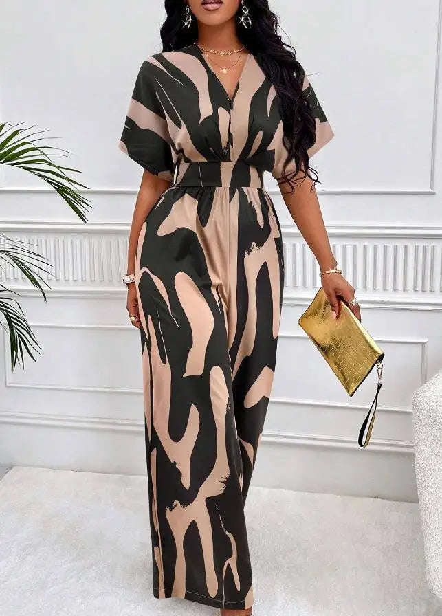 Women Autumn Fashion Leopard Print Sexy V-neck Casual Horn Sleeve Elastic Waist Loose Comfortable Jumpsuit Jumpsuit Women