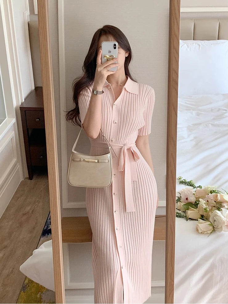 Elegant Summer Sweet Sle Turn-down Collar Single-button Thin Ice Silk Short-sleeve Knitted Long Dress Women's Fashion