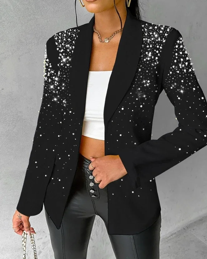 Blazer Woman Autumn Fashion Beaded Elegant Temperament Shawl Collar Plain Long Sleeve Work Blazer Coat Office Lady