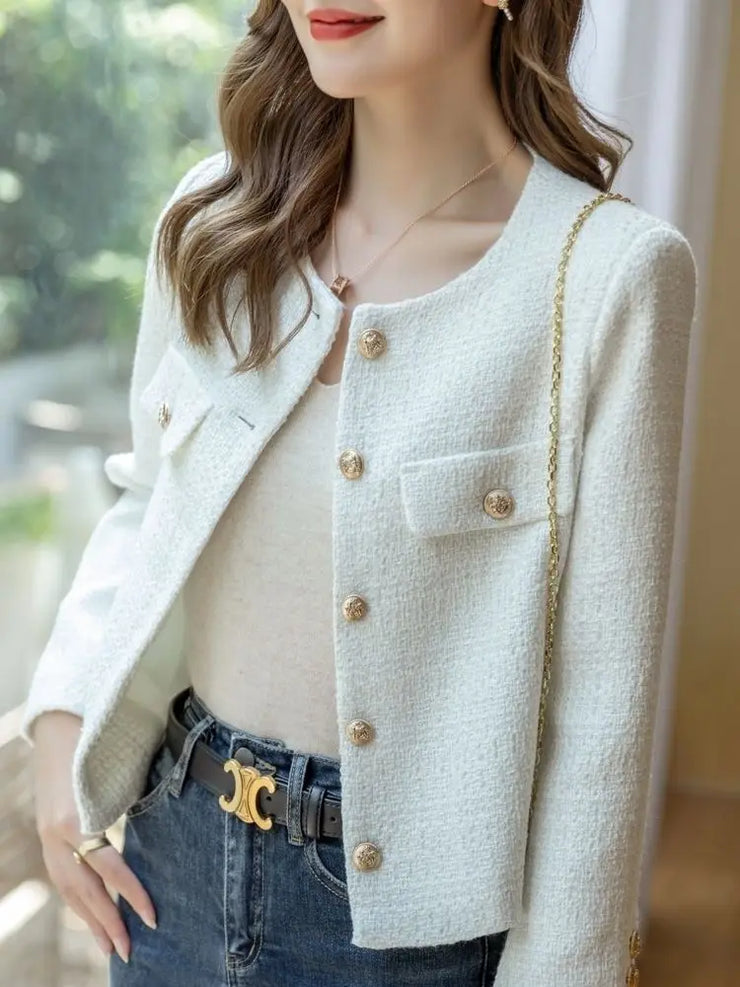 French Wool Tweed Coat Fashion High-end Gold Button Short Slim Temperament Spring and Autumn Korean Coats Women Jacket New