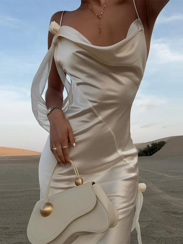 Sexy White Ribbon Silk Satin Sling Dress For Women Elegant Swing Collar Backless Long Dresses 2025 Women New Beach Vacation Robe