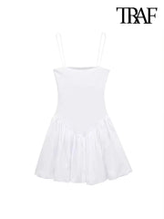 Women's Patchwork Ribbed Poplin Puff Mini Dress, Straight Neck, Thin Straps, Female Dresses, Sexy Fashion