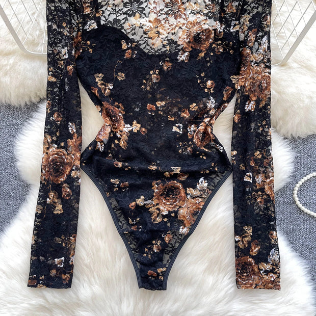 SINGREINY Floral Lace Sexy Bodysuit Women Square Collar Long Sleeves Basics Slim Playsuit European Thin Sheer Sensual Romper