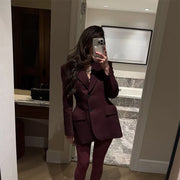 Burgundy Lapel Single Breasted Pockets Slim Jackets Fashion Full Sleeve Buttons Blazer Coats Women 2025 Office Commuting Tops