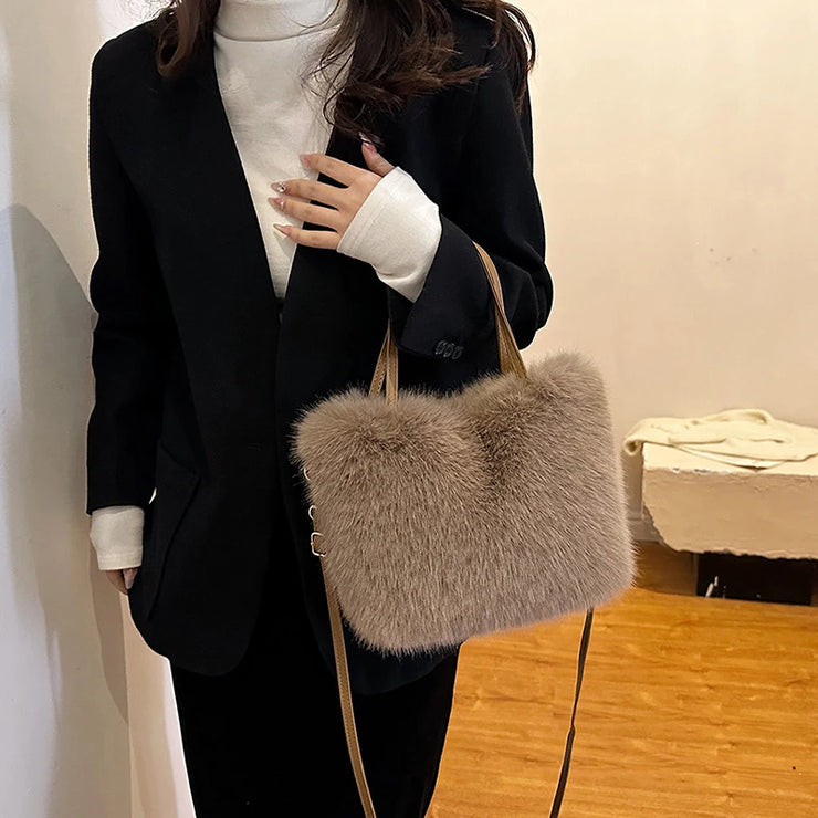 Faux Fur Tote Bag Women's Bucket Plush Luxury Design Ladies Handbags Soft Winter Crossbody Shoulder Bags Bolsa Feminina