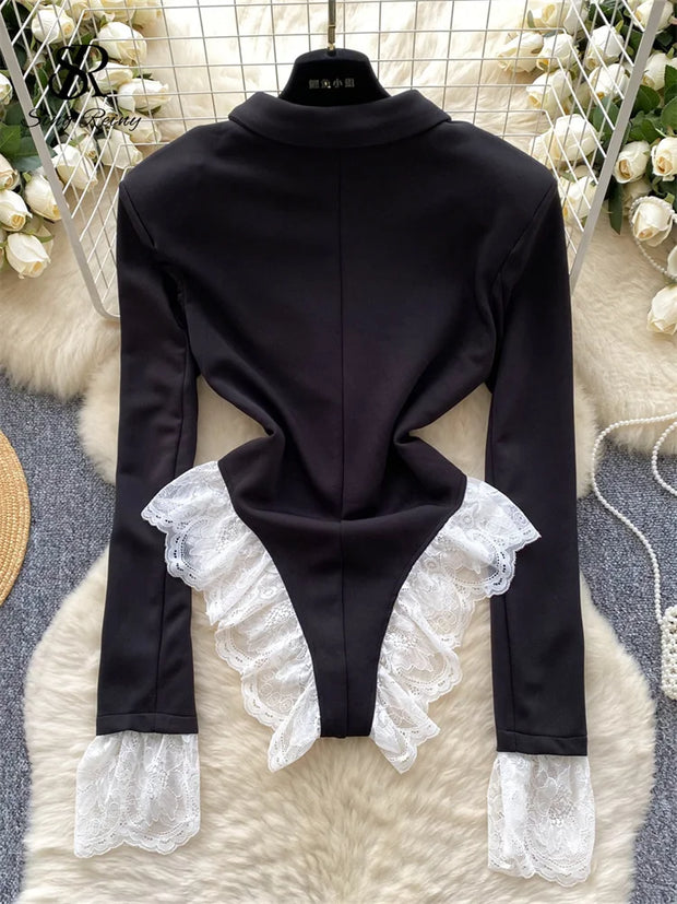 SINGREINY Female Lace Spliced OL Sexy Bodysuits Autumn Long Sleeve Slim Playsuits Women Streetwear Open crotch Fashion Rompers