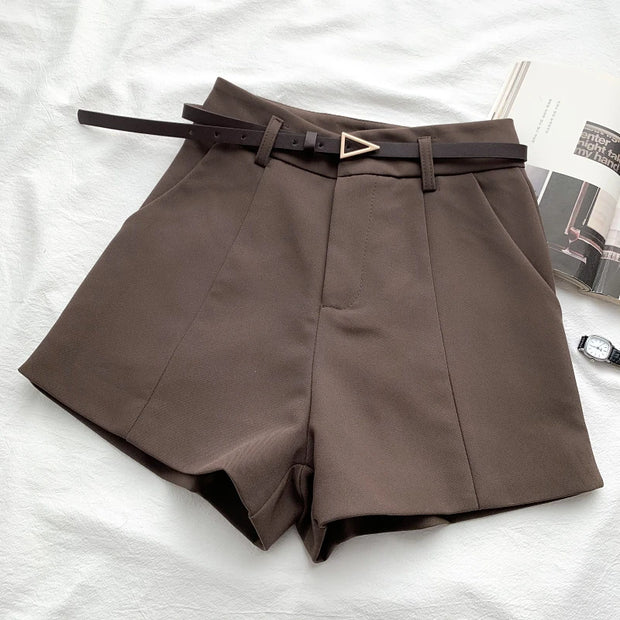 Casual Women's Shorts A-line High Waist Short Chic Office Lady Shorts With Belted Vintage Female Trousers Spring Summer