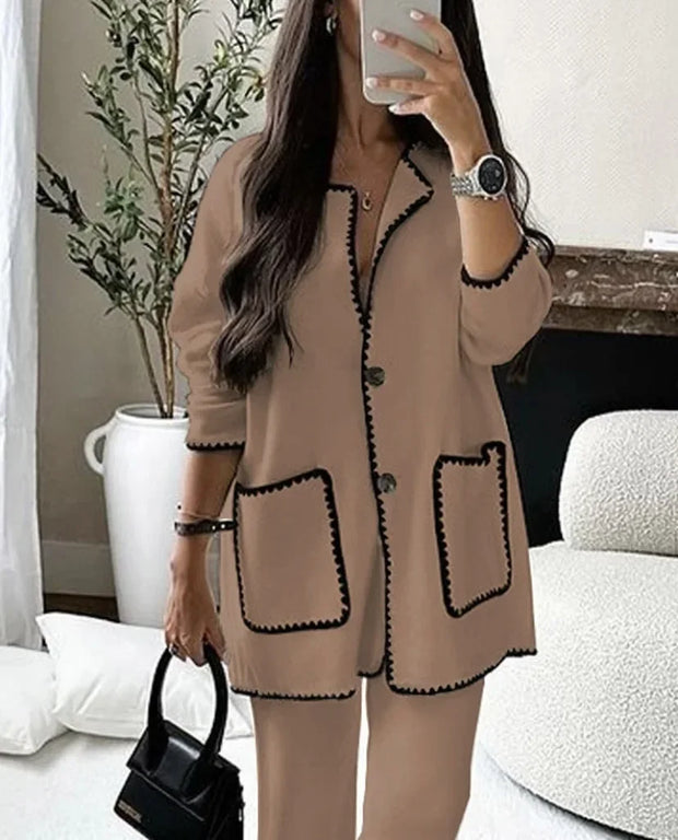 Autumn Women Two Piece Sets Regular Round Neck Loose Coats Cardigan Solid Straight Wide Leg Long Pants Set High Waist 2023