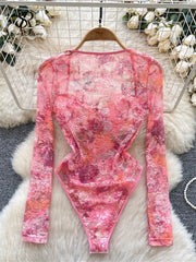 SINGREINY French Style Romantic Floral Rompers Square Collar Long Sleeve Bodysuits Ladies Streetwear Open crotch Sexy Playsuits