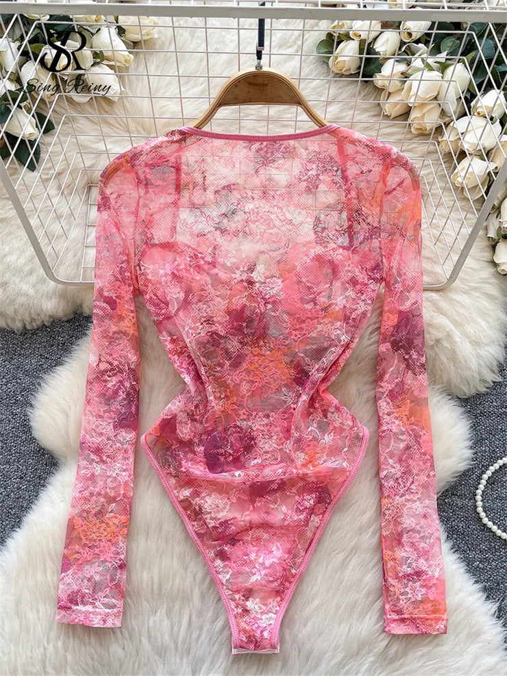 SINGREINY French Style Romantic Floral Rompers Square Collar Long Sleeve Bodysuits Ladies Streetwear Open crotch Sexy Playsuits